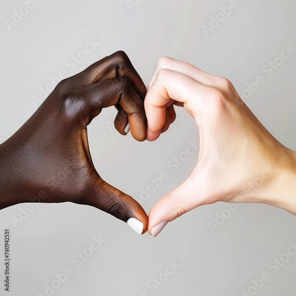Obraz Hands with different skin colors on white background making a heart shape, anti racism concept