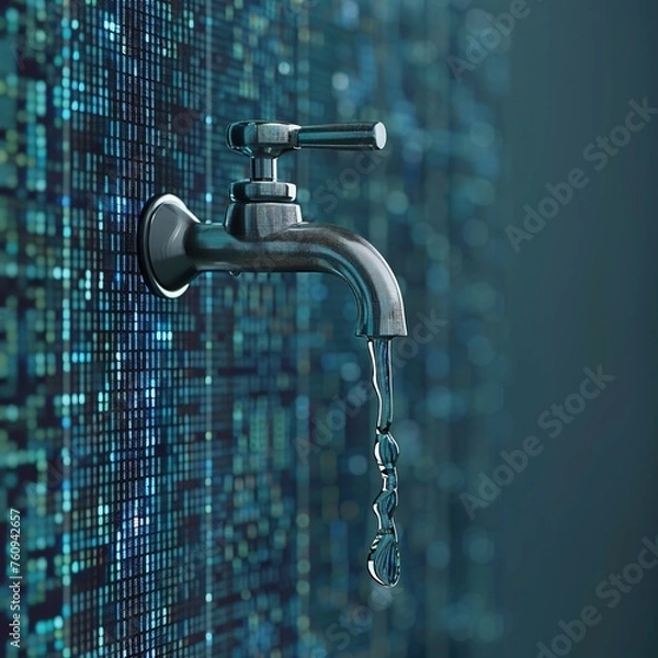Obraz concept of dat leak, leaky software, data with a tap sticking out. Protection of data. 