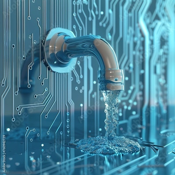 Obraz concept of dat leak, leaky software, data with a tap sticking out. Protection of data. 