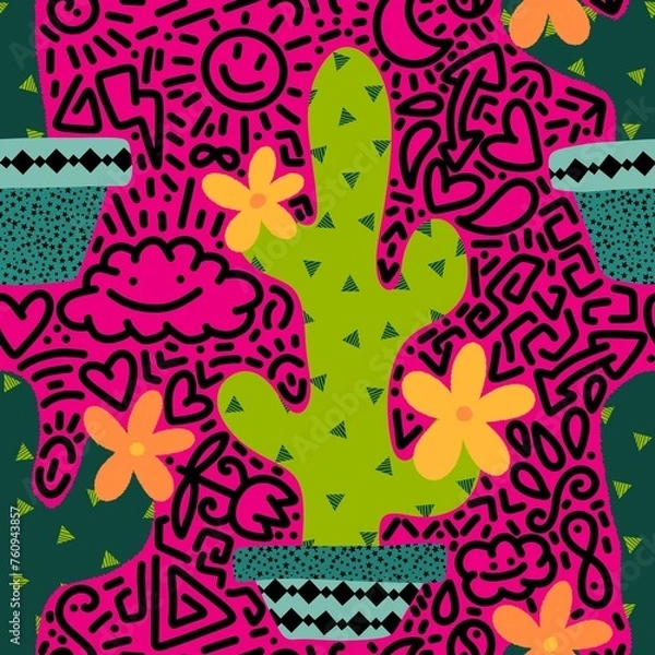 Fototapeta Summer floral seamless cartoon cactus pattern for wrapping paper and fabrics and linens and vacation accessories