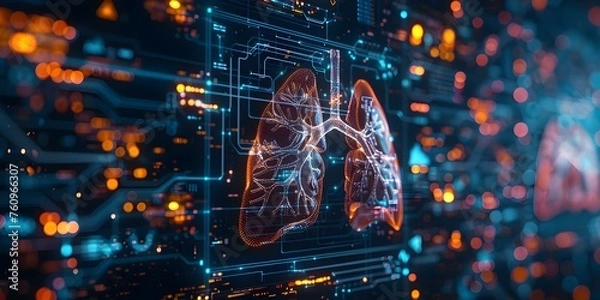 Fototapeta A digital representation of complex lung anatomy with technological components integrated. Concept Medical Illustration, Lung Anatomy, Technology Integration, Digital Representation, Complex Design