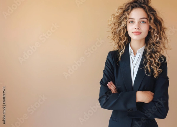 Fototapeta 
A confident young businesswoman in a sleek suit stands poised, directly engaging the camera with a look of determination and professionalism.