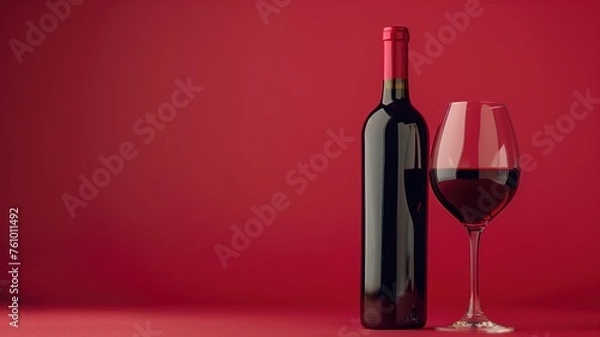 Fototapeta A sleek bottle and glass of red wine on a red backdrop