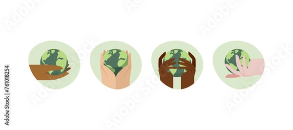 Fototapeta Set of human hand holding Earth globe. Concept of Earth Day and World Environment Day. Vector Illustration.