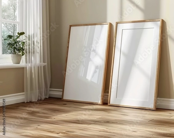 Fototapeta Frame Mockup in a Minimalist Living Room Interior. Presented in 3D Render. Made with Generative AI Technology