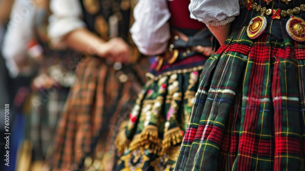 Fototapeta A closeup of a group of friends wearing lederhosen and dirndls the traditional clothing worn at Oktoberfest complete with elaborate designs and intricate embroidery.