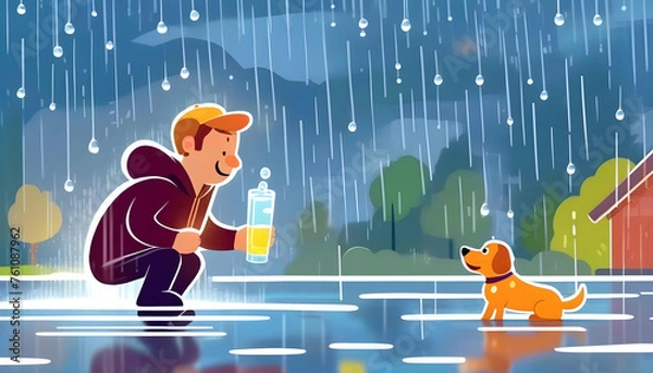 Fototapeta A cartoon illustration of a man and dog playing in the rain with colorful water droplets