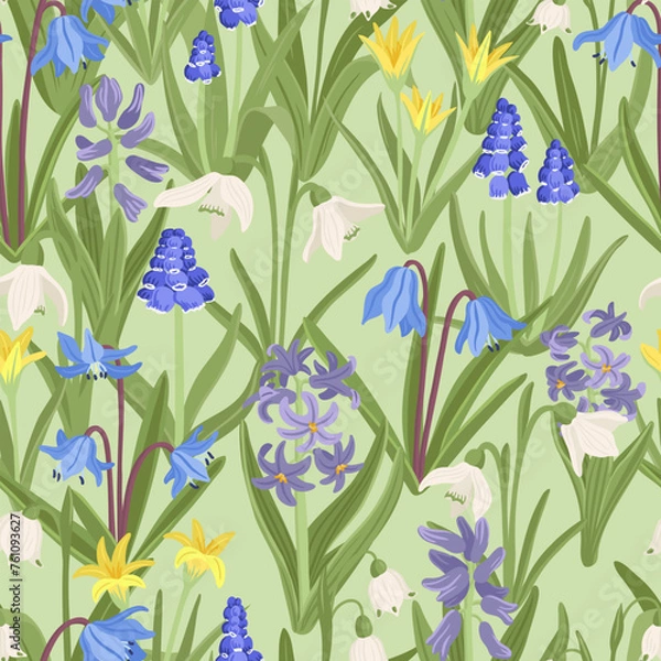 Fototapeta seamless pattern with spring flowers, vector drawing wild plants at green background, floral ornament, hand drawn botanical illustration