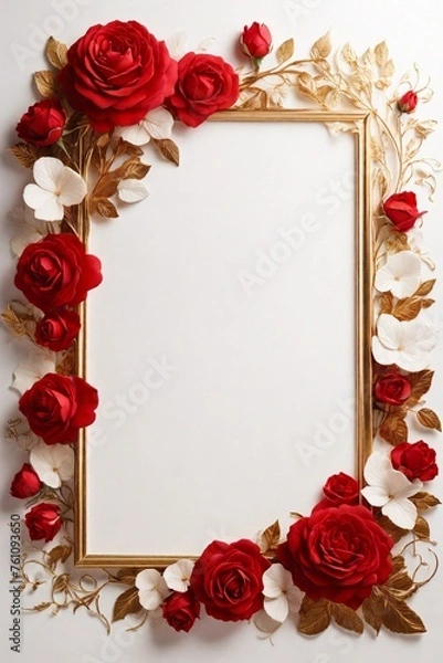 Fototapeta Frame with red and white roses on white background. Flat lay, top view