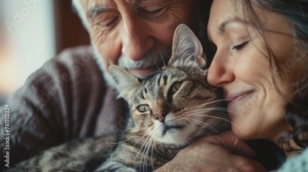Fototapeta Elderly couple, cat, affection, home comfort.
