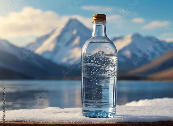 Fototapeta Captivating Crystal Water Pouring: Stunning Bottle & Glass Imagery on Adobe Stock