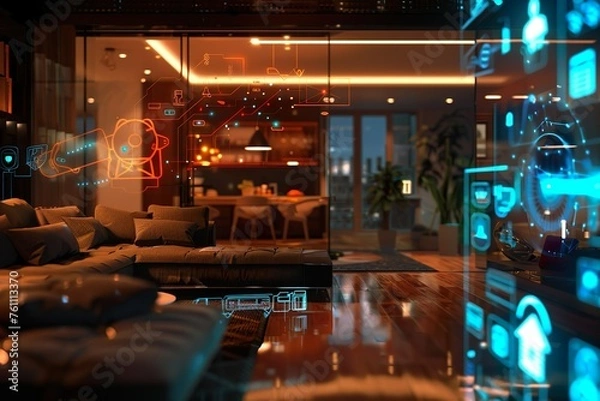 Fototapeta A futuristic smart home setup with interconnected devices controlling lighting, security, and temperature.