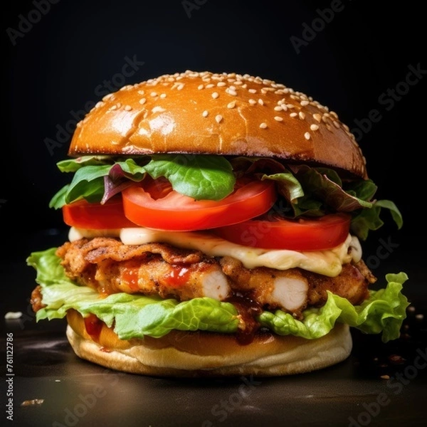 Fototapeta Juicy Chicken Burger With Tomatoes and Lettuce on a Rustic Wooden Board