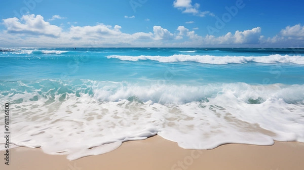 Fototapeta Deserted sunny beach with palms, yellow sand and light blue water. Concept of a paradise