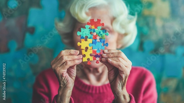 Obraz A woman holding a jigsaw puzzle with a blue background, Alzheimer's disease concept