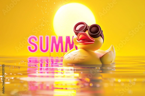 Fototapeta Get ready for some poolside fun with this adorable illustration featuring a rubber duck sporting black goggles, floating in the summer sun. Brighten up your designs with this cheerful image