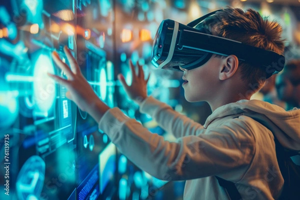 Fototapeta Explore the future of education with children immersed in virtual reality, using VR glasses to interact with virtual screens for an engaging and innovative learning experience