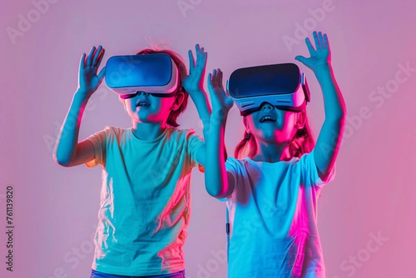 Fototapeta Interactive Digital Classroom: Young Students Interacting with VR Screens under Purple and Blue Illumination