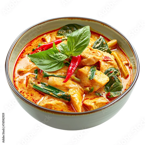 Obraz  front view of Gaeng Ped Gai (spicy red curry chicken) with bamboo shoots and Thai basil, served in a traditional Thai curry bowl, food photography style isolated on a white background.