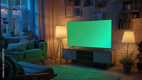 Fototapeta Green Screen TV Mock Up in Living Room with Amazing Lights. Modern TV with Big Empty Screen for Your Advertising