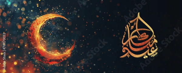 Fototapeta Eid Mubarak Social Media Banner with Arabic Calligraphy and Glowing Crescent Moon on Bokeh Background.