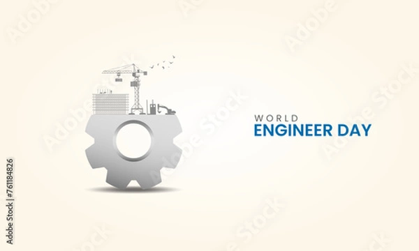 Fototapeta World engineers day, Gear Icons with building, city, town, engineers helmet, Design for social media banner, poster 3D Illustration.