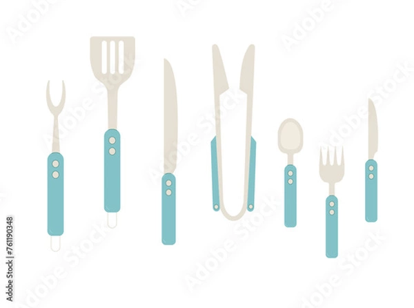 Fototapeta Kitchen tools. Cooking cutlery tools isolated on white background. Fork, spoon knife . Vector flat illustration