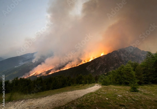 Obraz Dramatic wildfire engulfs mountain peaks, casting an orange glow across the smoke-filled sky