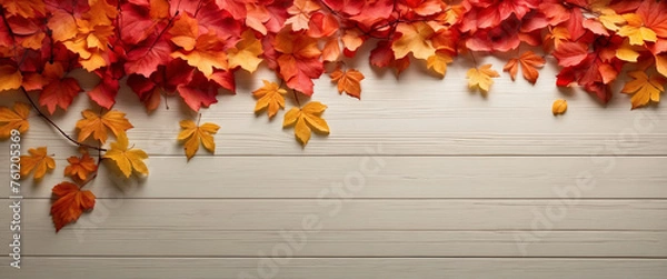 Fototapeta Autumn leaves background. Autumn background with wooden planks. Autumn podium.