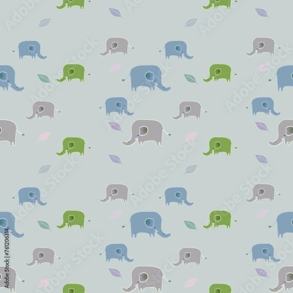 Fototapeta Naive elephants pattern colorful cute seamless  background ,seamless pattern leaves decorative on simple hand drawn Scandinavian doodle style. Nursery pastel concept for baby fabric print,home decorat