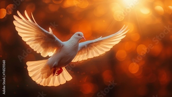 Fototapeta Dove flying in the air with sunset light bokeh background
