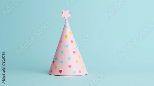 Fototapeta Pastel pink birthday hat with polka dots and pink star on top on a light blue background. Minimal birthday party invitation and card. Copy space concept