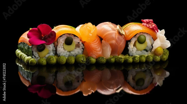 Fototapeta Beautiful sushi rolls Asian food set in a luxury restaurant isolated on a dark background. Generative AI illustration