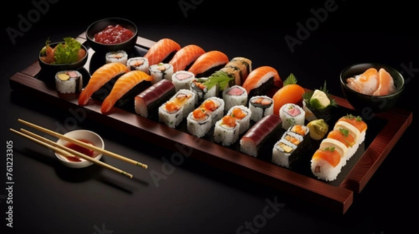 Fototapeta Beautiful sushi rolls Asian food set in a luxury restaurant isolated on a dark background. Generative AI illustration
