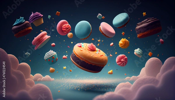 Fototapeta Abstract isolated floating macarons sweets on a blue or purple background, magic cloudy sky composition. Generative AI