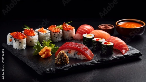 Fototapeta Beautiful sushi rolls Asian food set in a luxury restaurant isolated on a dark background. Generative AI illustration