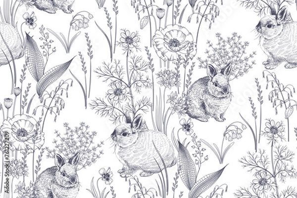 Fototapeta Hares and wildflowers. Spring seamless pattern.