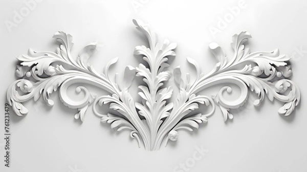 Fototapeta Baroque style White decorative relief on the wall, 3D illustration of beautiful detailed ornament with acanthus leaves