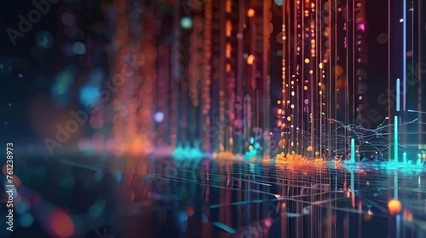 Fototapeta Cyber big data flow. Blockchain data fields. Network line connect stream. Concept of AI technology, digital communication, science research, 3D illustration neural cells