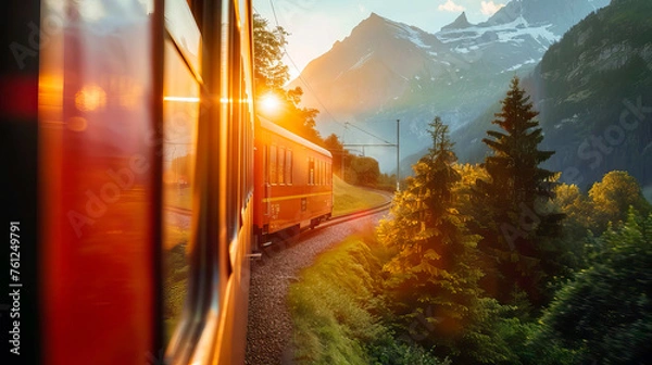 Fototapeta The concept of traveling by train. View from the window of the train and the landscape. Beautiful view from the train window. Traveling in the countryside