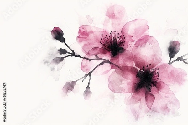 Fototapeta Graceful branches adorned with blooming flowers create a harmonious scene, evoking feelings of renewal and calm, black and white watercolor nice flowers, isolated on white background, copy-paste 