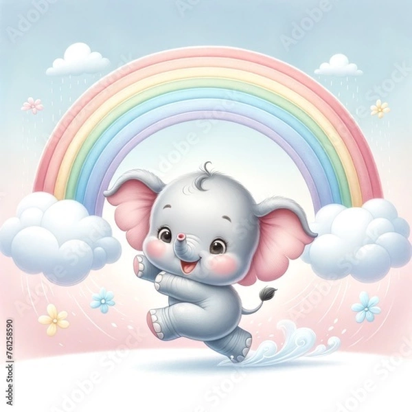 Fototapeta Illustration of a cheerful animated baby elephant playing under a vibrant rainbow in a whimsical sky.