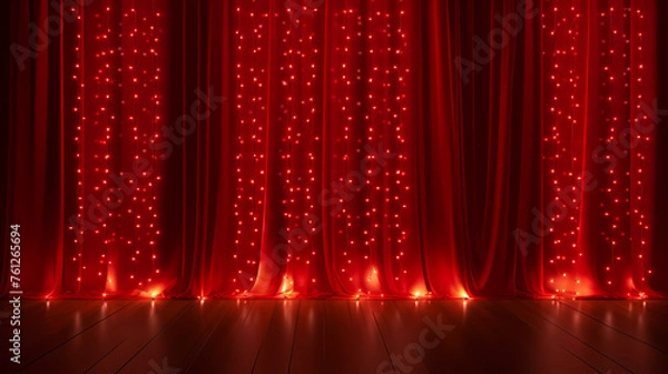 Fototapeta Christmas string lights curtain decoration background with red curtains