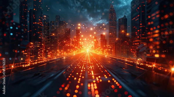 Fototapeta Abstract background of high speed global data transfer and super fast broadband in futuristic tech city at night