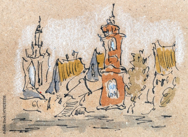Fototapeta City sketch created with black ink and markers. Color illustration on parchment paper