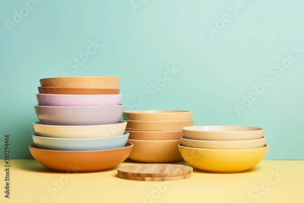 Fototapeta Colorful Stacked Ceramic Bowls on Two-Tone Background