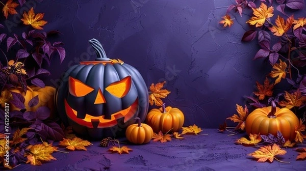 Obraz Halloween background with pumpkin. Happy Halloween. Halloween photo with pumpkins. Conceptual composition of an autumn holiday with autumn flowers, leaves on a gentle background.