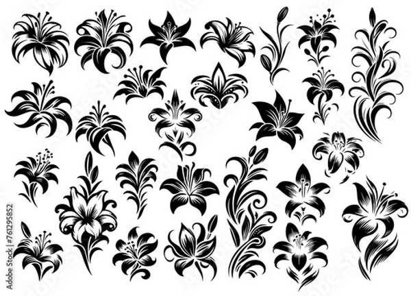 Fototapeta Stylised Single-Color Lilies Flower Illustration Set