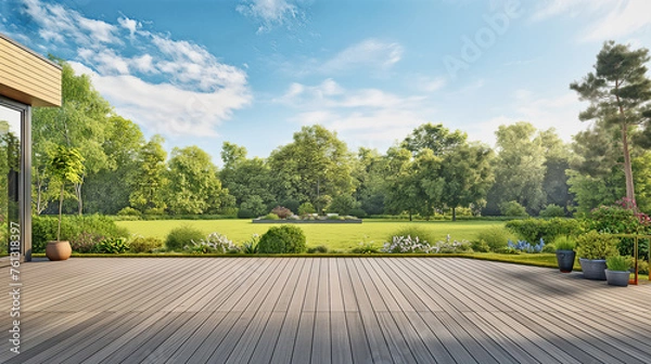 Fototapeta Beautiful garden with seating and lush greenery, captured from the perspective of wood large patio area
