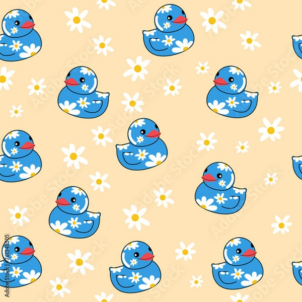 Fototapeta Rubber blue duck and daisies seamless pattern. Vector illustration